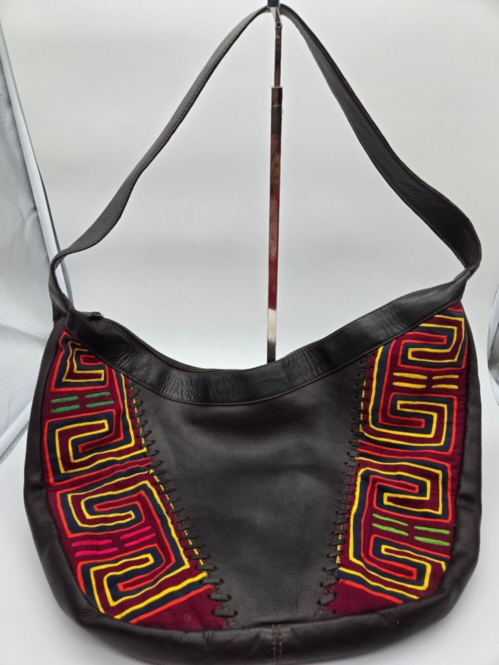 Handmade Colombian Dark Brown Leather Crossbody Bag Aztec Woven Boho Purse